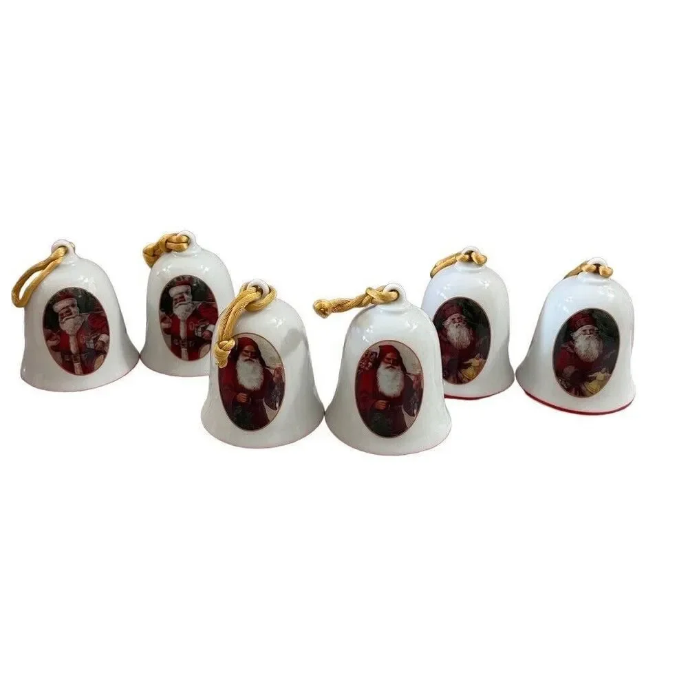 Vintage Christmas White Porcelain Old World Santa Bell Ornaments 6 Pack